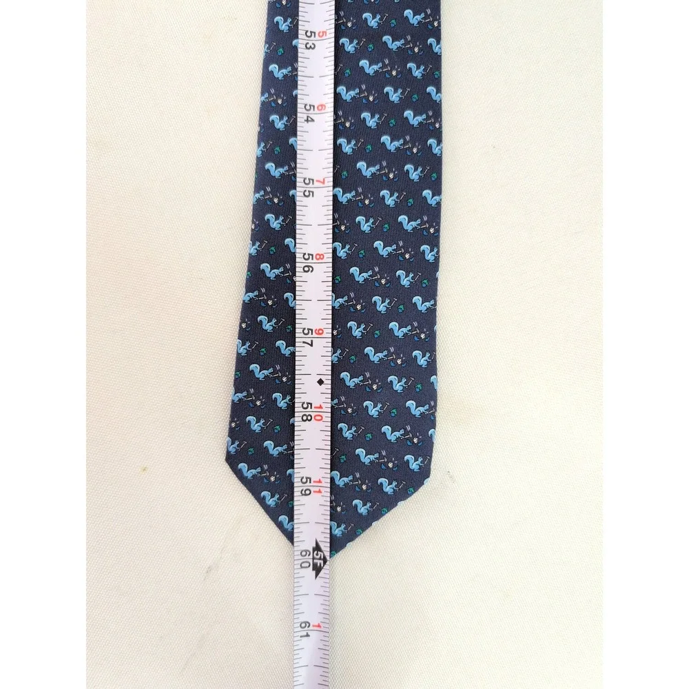 Hermes Silk Necktie Navy Blue Squirrel Cracking Nut Animal Print Made in France
